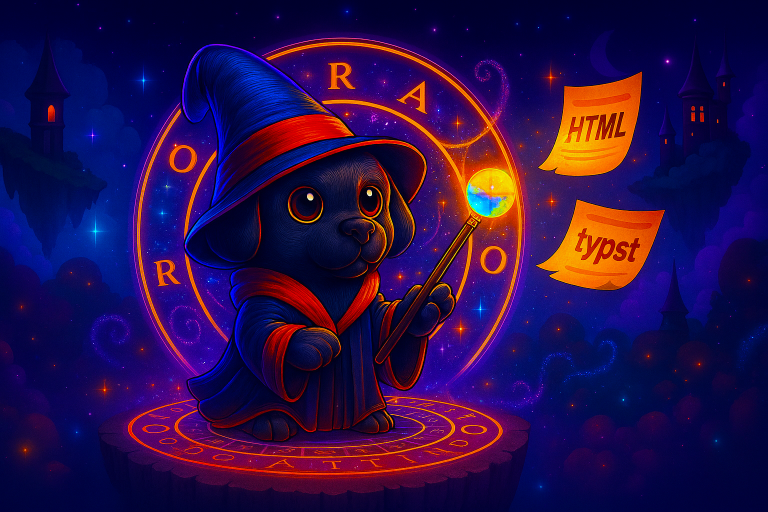 Cartoon dog wizard wearing blue hat with red band holding magic wand creating HTML and CSS code scrolls in starry night scene.